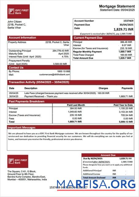Downloadable India IDFC First Bank mortgage statement Word and PDF template